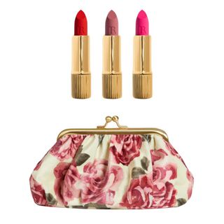 christmas beauty gift sets three lipsticks and a vintage-style rose makeup bag