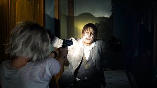Edited screenshot of Grace aiming her gun at a zombie in Resident Evil: Requiem
