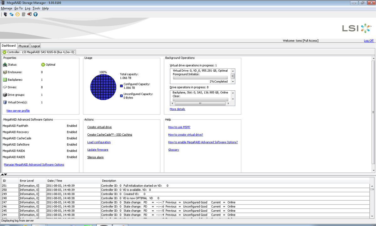 LSI MegaRAID 92658i RAID Software And Array Setup Four SAS 6 Gb/s
