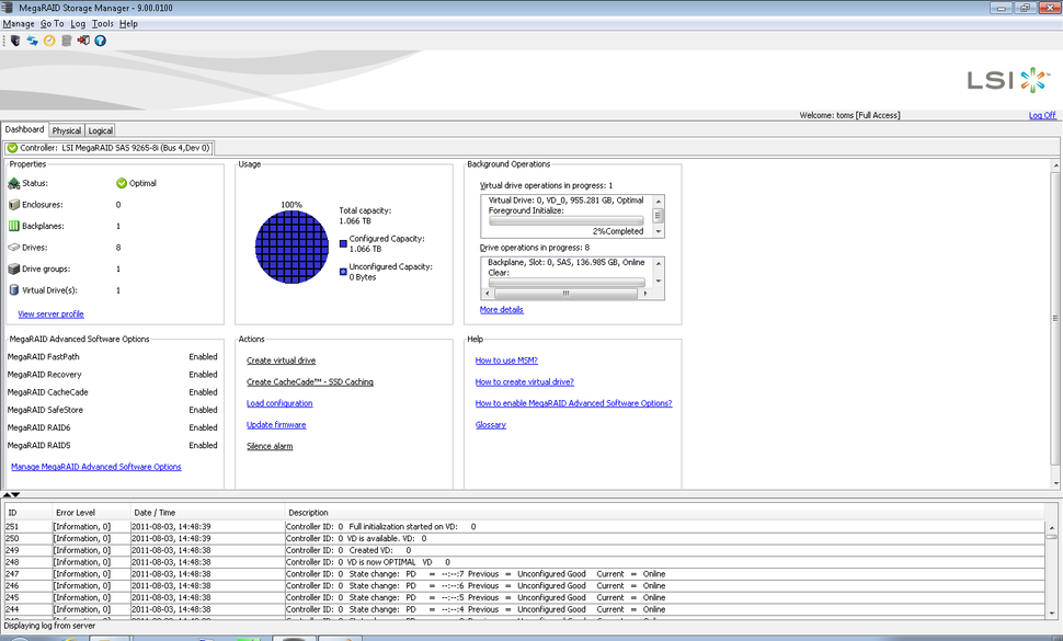 LSI MegaRAID 92658i RAID Software And Array Setup Four SAS 6 Gb/s