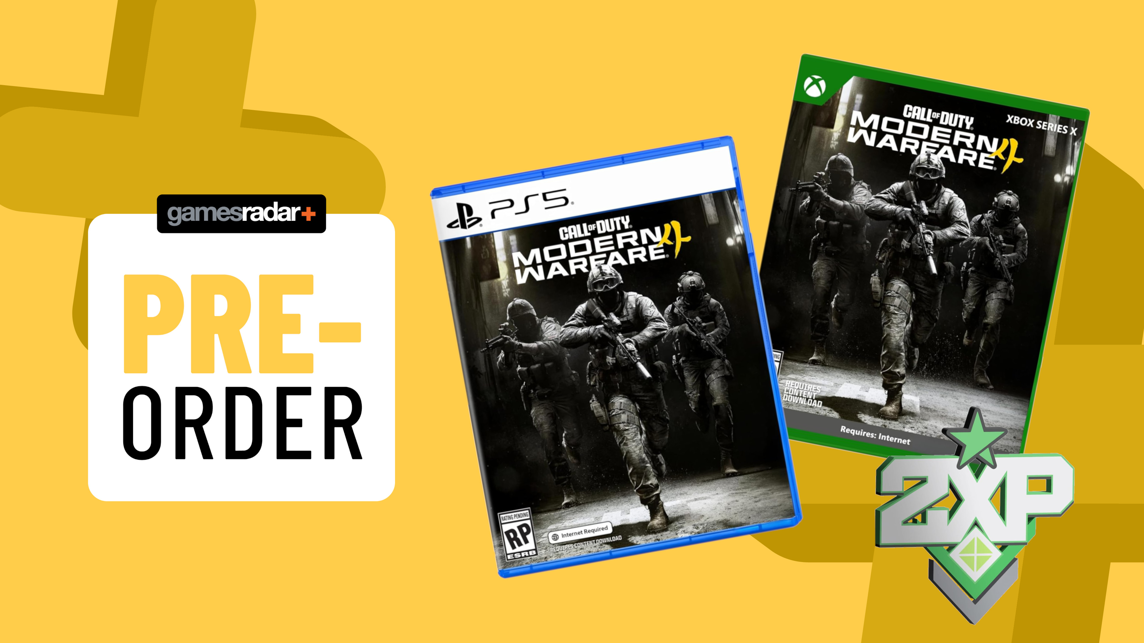 Call of Duty Modern Warfare 4 PS5 and Xbox copies on a yellow background with pre-order badge