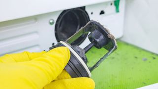 Person holding dirty washing machine filter