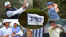 An Asian Tour flag and insets of Dustin Johnson, Patrick Reed and Anthony Kim holding their finish on shots as well as George and Wesley Bryan signing autographs for fans