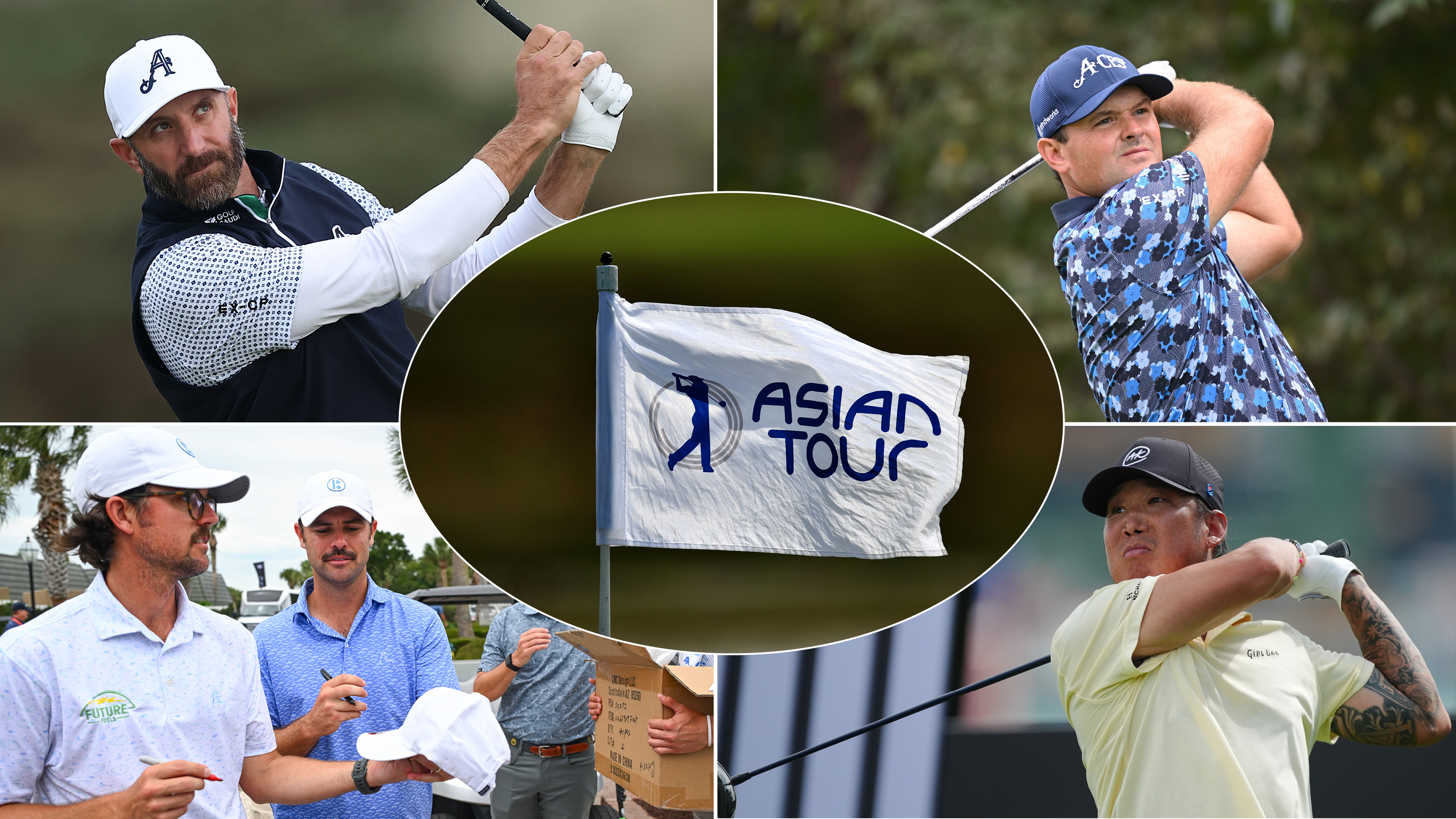An Asian Tour flag and insets of Dustin Johnson, Patrick Reed and Anthony Kim holding their finish on shots as well as George and Wesley Bryan signing autographs for fans