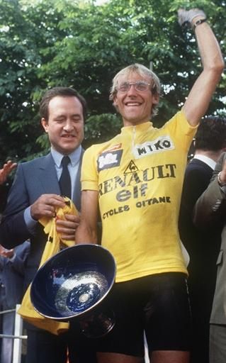 Laurent Fignon on the podium in Paris following his victory at the 1983 Tour de France.