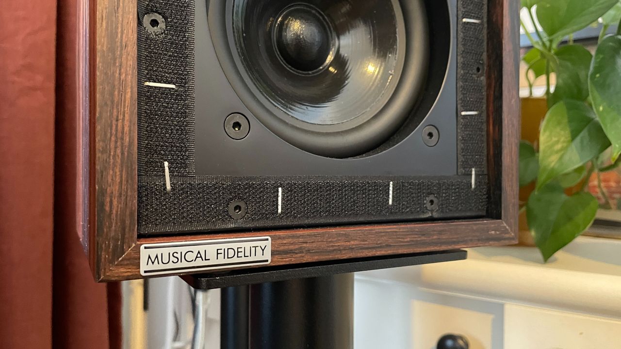 Musical Fidelity LS3/5A close up of speaker details and logo