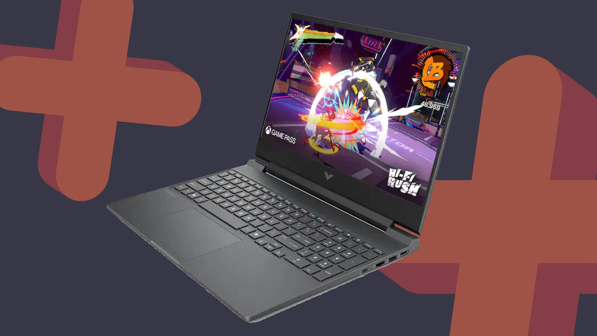 HP Victus laptop with navy backdrop