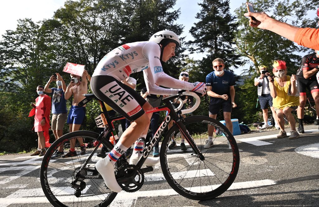 TOPSHOT Team UAE Emirates rider Slovenias Tadej Pogacar wearing the best youngs white jersey rides during the 20th stage of the 107th edition of the Tour de France cycling race a time trial of 36 km between Lure and La Planche des Belles Filles on September 19 2020 Photo by AnneChristine POUJOULAT AFP Photo by ANNECHRISTINE POUJOULATAFP via Getty Images