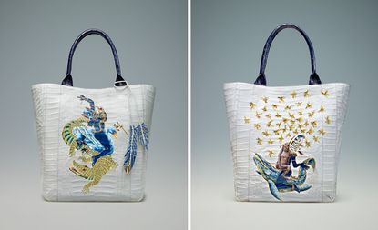 Left: white bag with black handle and blue and gold crocodile decoration. Right: white bag with black handle and a blue whale design