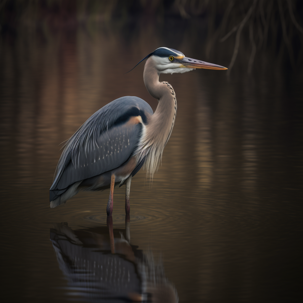 An AI generated image with word prompts of hyper realistic heron standing in shallow water of lake in England, overcast light, super telephoto canon lens