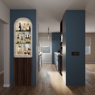 Kitchen with blue cabinets and drinks station