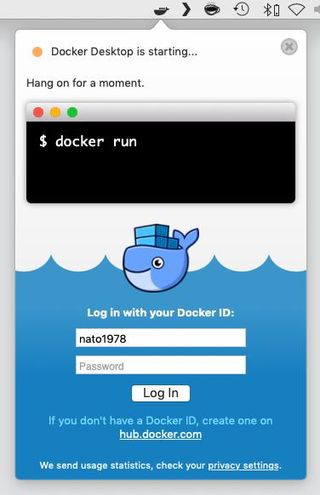 Make the whale happy. Log on with your Docker ID.