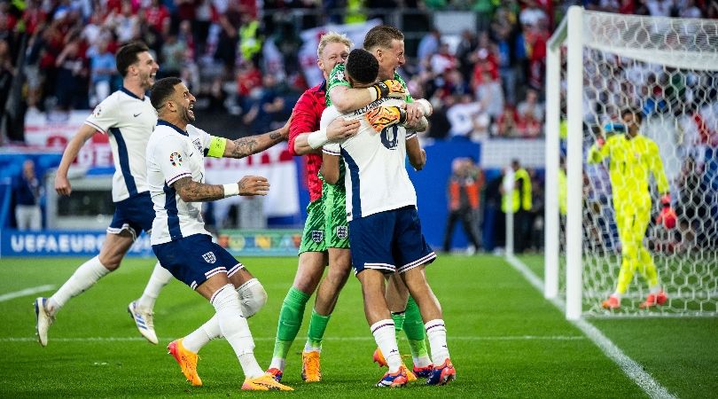 England players celebrate their win over Switzerland on penalties in the Euro 2024 quarter-finals in July 2024.