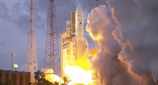 An Arianespace Ariane 5 rocket launches two communications satellites from Kourou, French Guiana, on June 22, 2022.