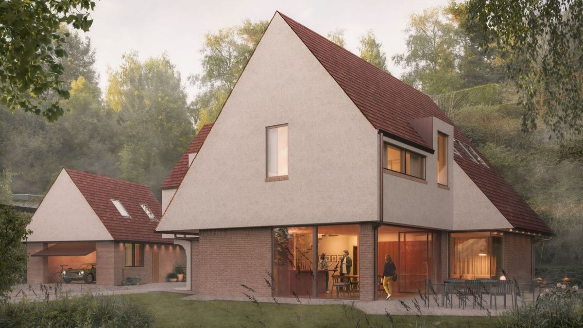 Designs for a self build in a woodland setting with red tiles on the roof and white walls