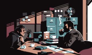 Atmospheric illustration of two men talking across a desk in a dingy office