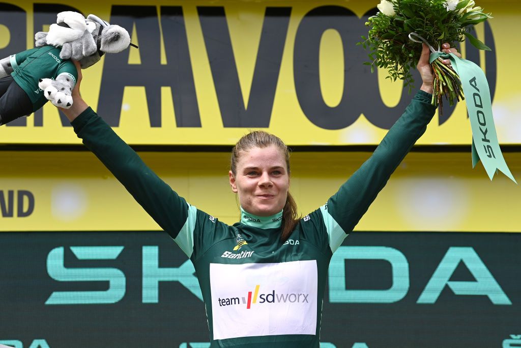 CLERMONTFERRAND FRANCE JULY 23 Lotte Kopecky of Belgium and Team SD Worx Protime celebrates at podium as Green Points Jersey winner during the 2nd Tour de France Femmes 2023 Stage 1a 1234km stage from ClermontFerrand to ClermontFerrand UCIWWT on July 23 2023 in ClermontFerrand France Photo by Tim de WaeleGetty Images