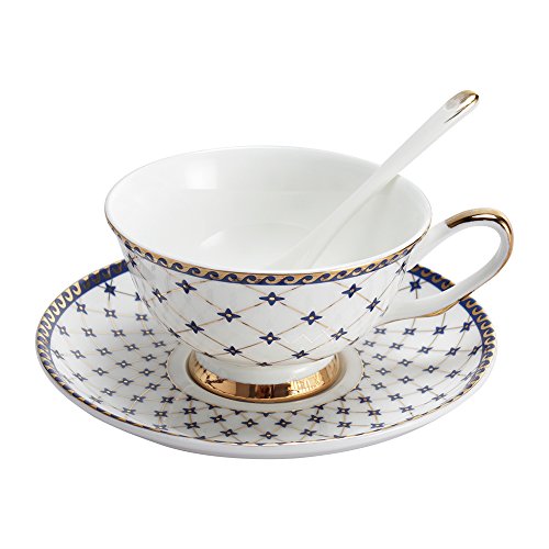 Porlien Royal Blue Star-Night Porcelain 7-Ounce Teacup and Saucer Set With 6-Inch Coffee Spoon