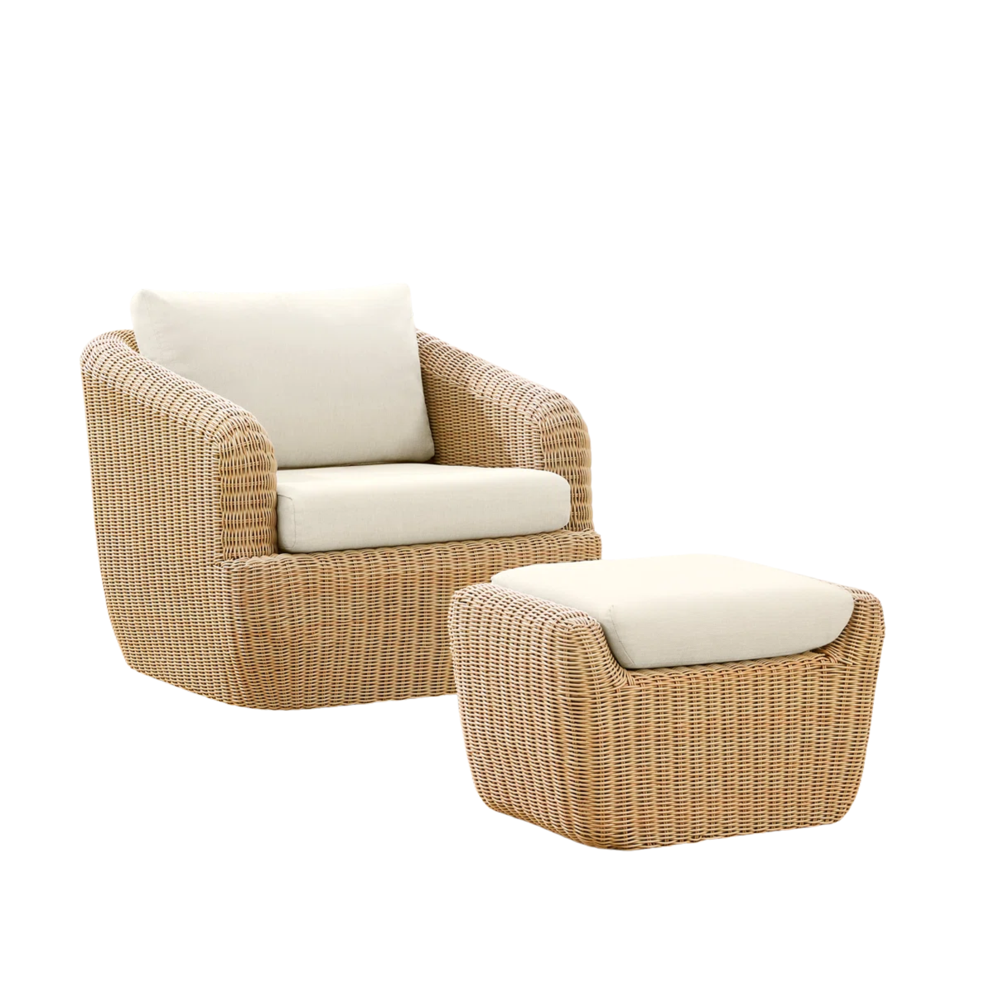 a wicker outdoor chair and ottoman