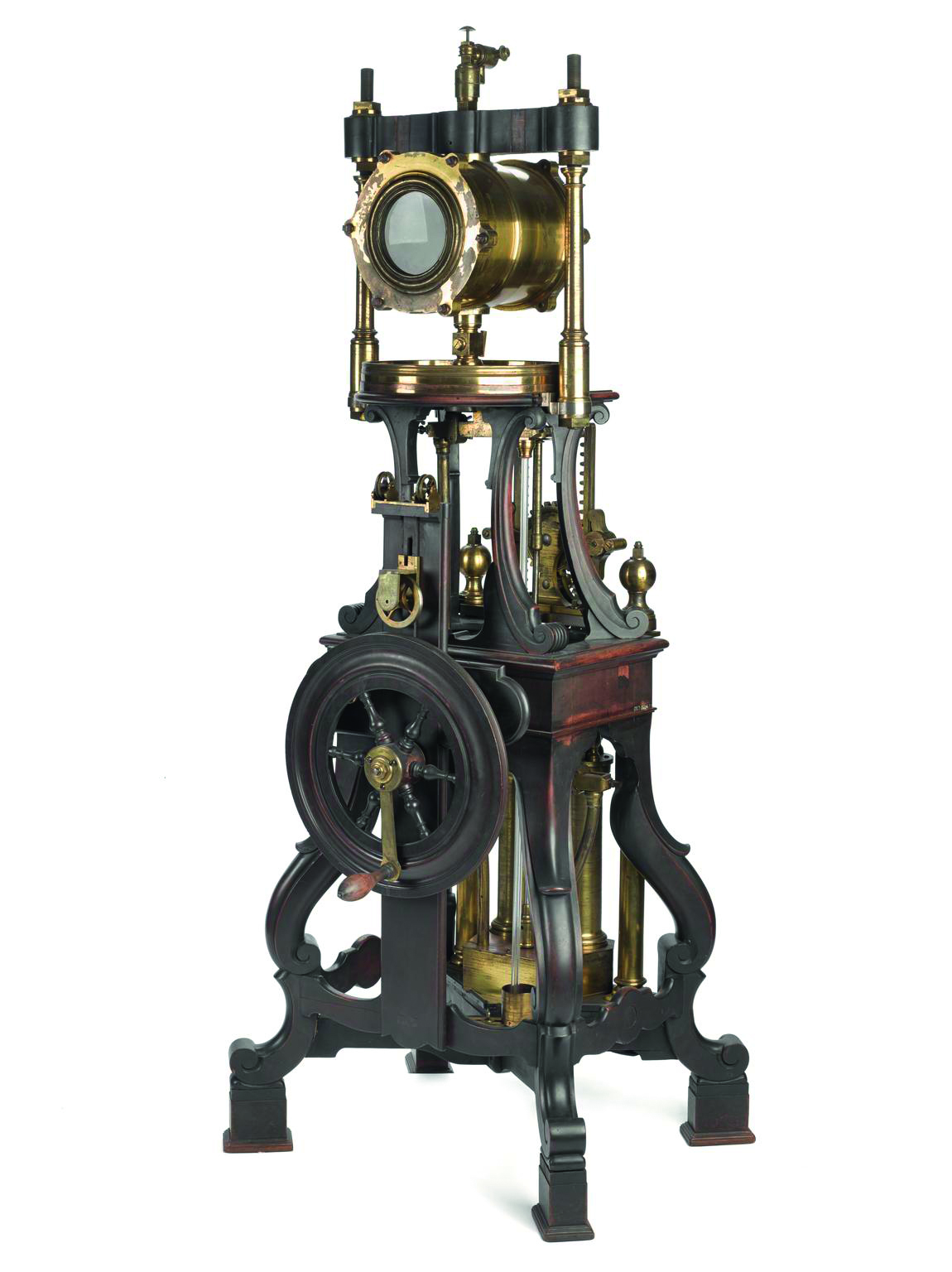 1927-2058: Mahogany cross-piece for an air pump. Brass cylindrical condenser with glass ends, made by George Adams, London, England, Two brass pillars for an air pump, with nuts each end and washers at one end