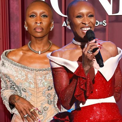 Cynthia Erivo wearing two designer looks at the 2025 Tony Awards