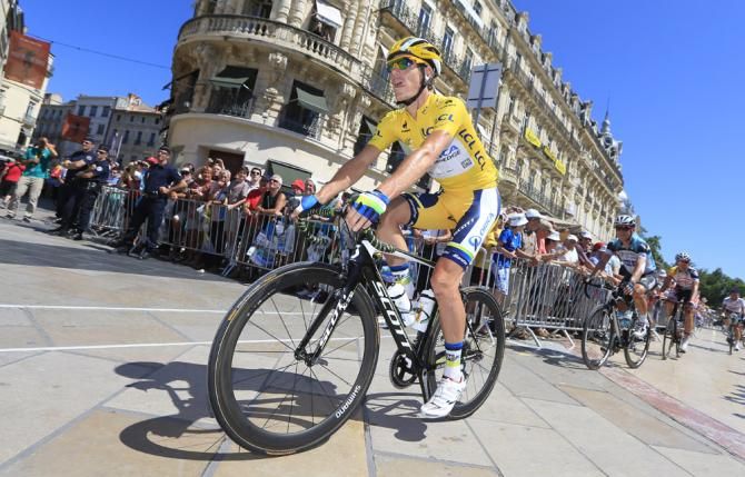 The Tour's yellow jersey holder Daryl Impey (Orica GreenEdge) prior to the start of stage 7