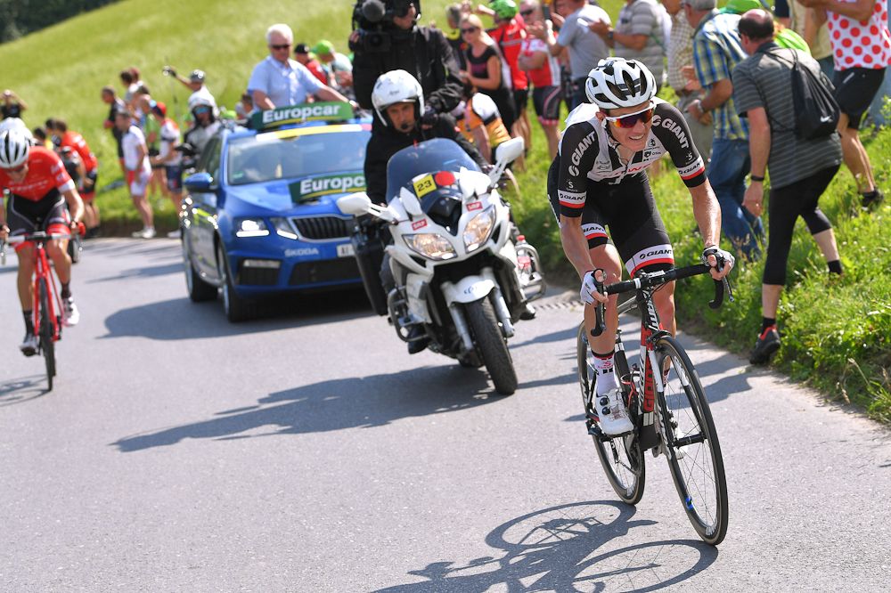 Soren Kragh Andersen (Team Sunweb) rides alone near the end of stage 6 at Tour de Suisse