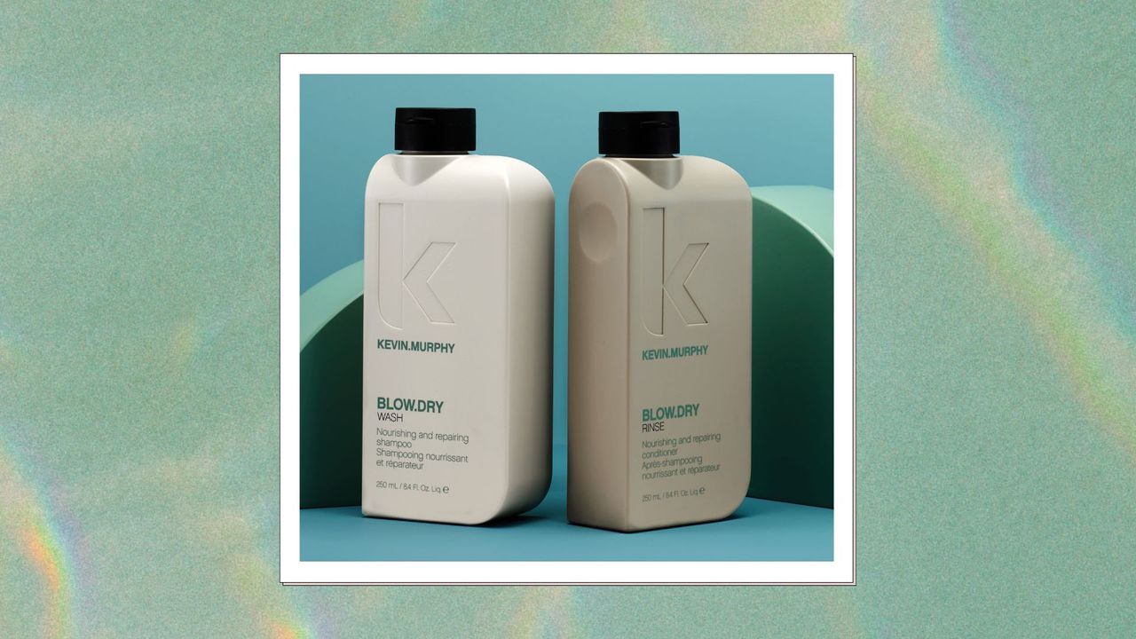 an image of kevin murphy blow dry wash shampoo on a green watercolour backdrop with green blocks behind it 