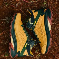 A pair of Merrell hiking boots on the forest floor