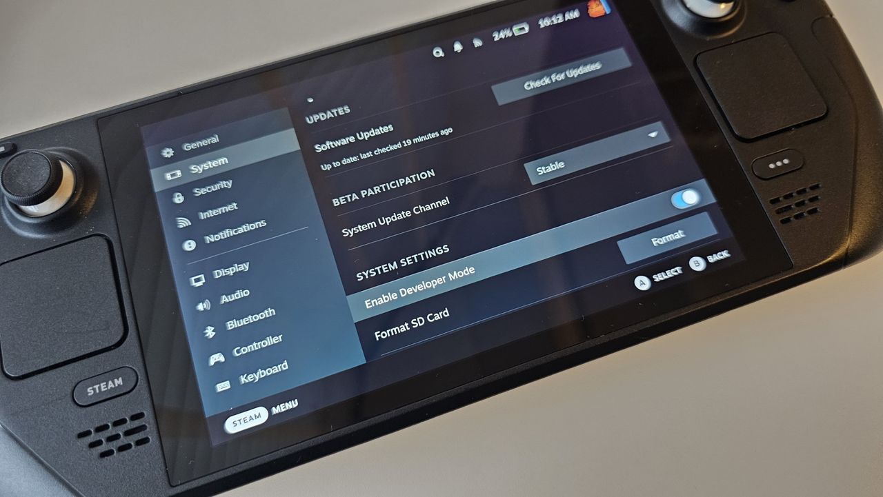 Steam Deck settings screen