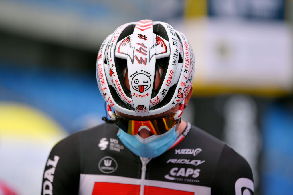 Tomasz Marczynski (Lotto Soudal) has a tribute to Bjorg Lambrecht on his helmet