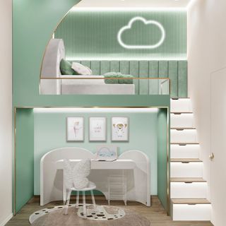 A children's room with mint green walls and light up stairs