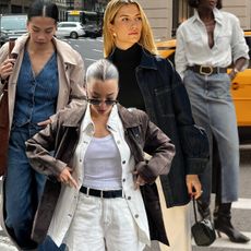 How to wear a Canadian Tuxedo is shown in a collage of double-denim outfits 