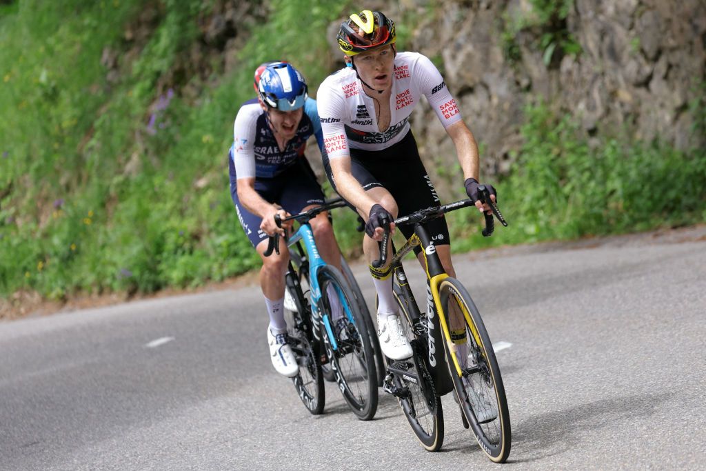 Matteo Jorgenson (Visma-Lease A Bike) leads Derek Gee (Israel-PremierTech) and Carlos Rodriguez (Ineos Grenadies) in late stage attack