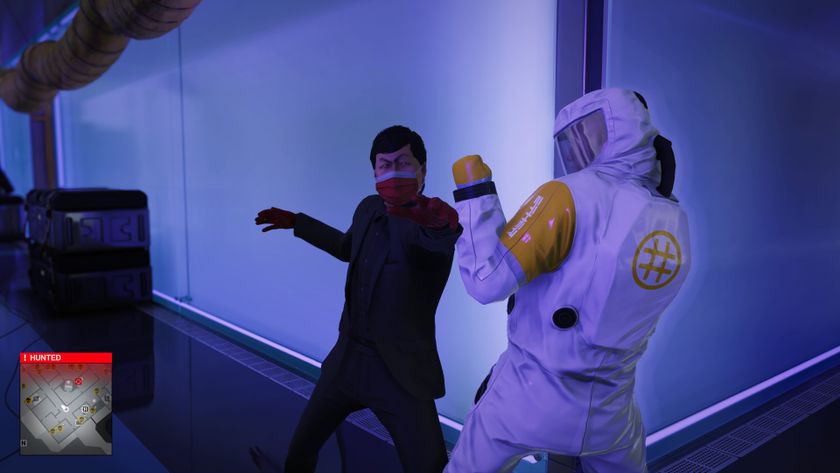 Peforming melee combat in a hallway whie wearing a hazmat suit while playing the 2016 Hitman DLC mission Patient Zero in Hitman 3.