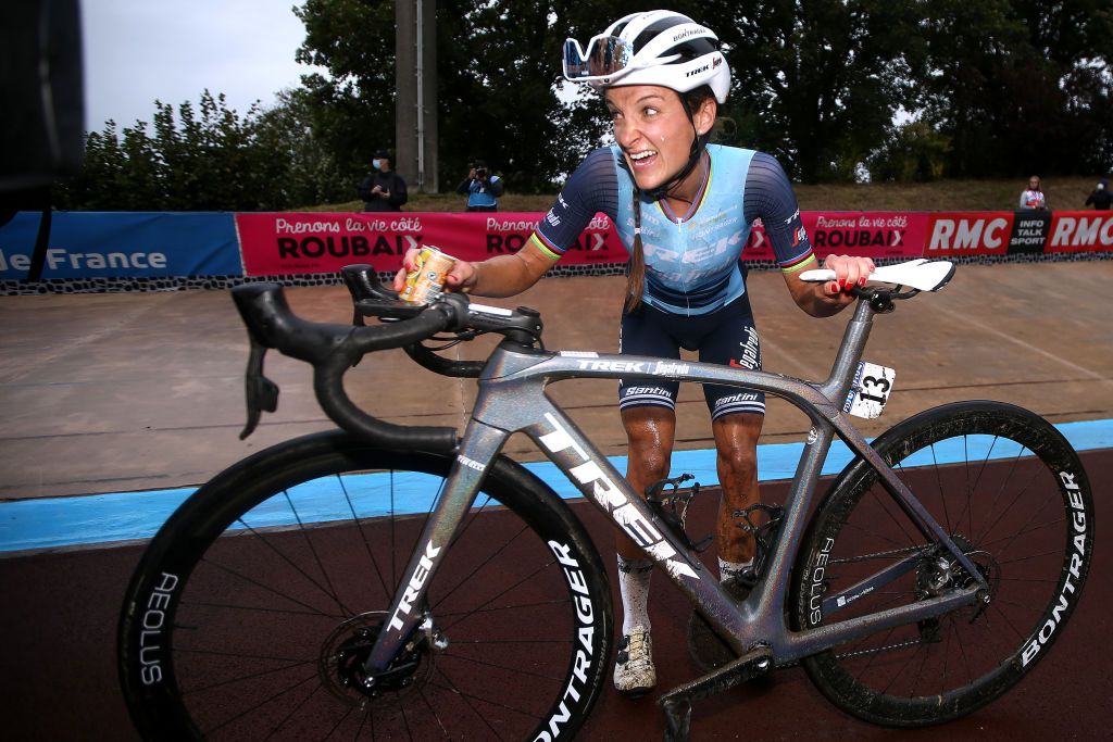 Lizzie Deignan (Trek-Segafredo) celebrates winning inaugural Paris-Roubaix Femmes