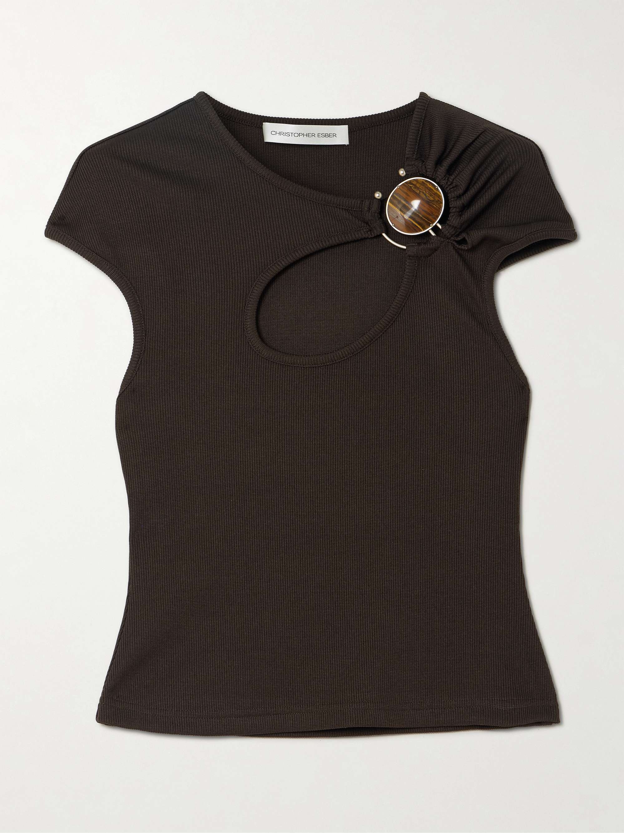 Mineral Stone Hollow Cutout Embellished Ribbed Jersey T-Shirt