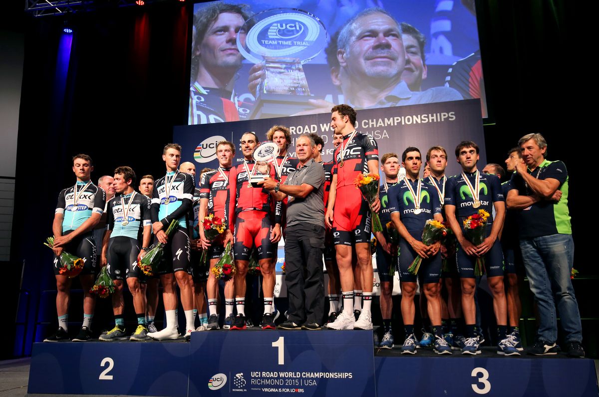 The team time trial podium of Etixx-Quick Step, BMC and Movistar