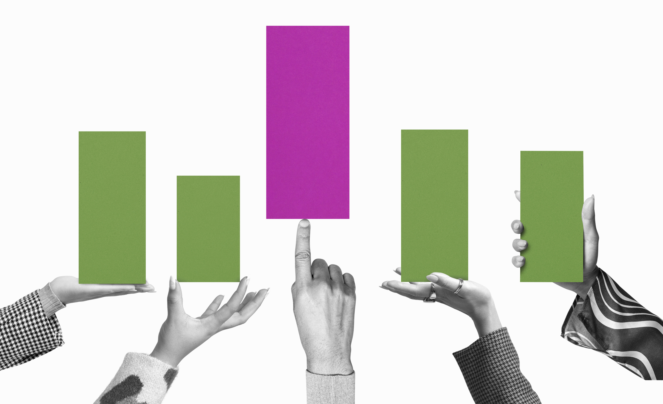 Five hands holding up columns on a bar chart - four bars are green, the tallest is pink, signifying picking a successful small cap stock investment