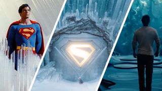 Split image showing three incarnations of the Fortress of Solitude in the original Superman movie, James Gunn's 2025 Superman, and Man of Steel.