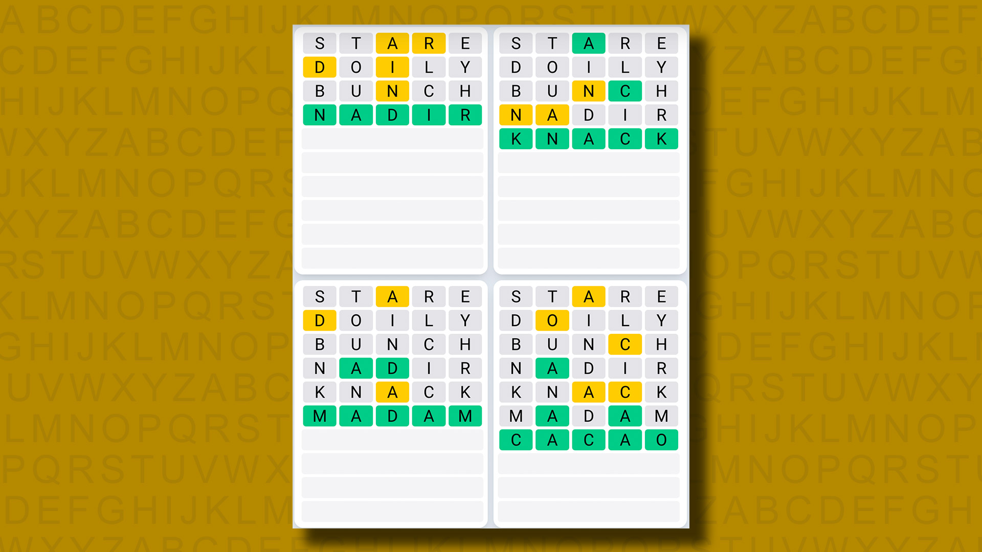 Quordle ежедневная последовательность ответов для игры 889 на желтом фоне