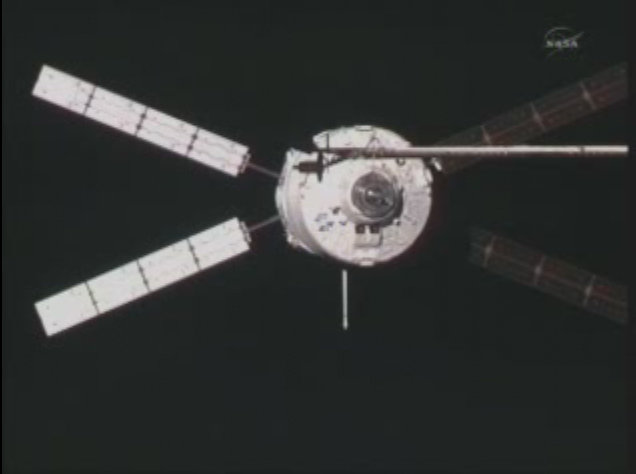 Photo of Europe&#039;s ATV-2 Johannes Kepler, a robotic cargo ship, as it docks at the International Space Station on Feb. 24, 2011.