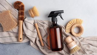 Eco-friendly cleaning set with soap bottle and wooden dish brushes