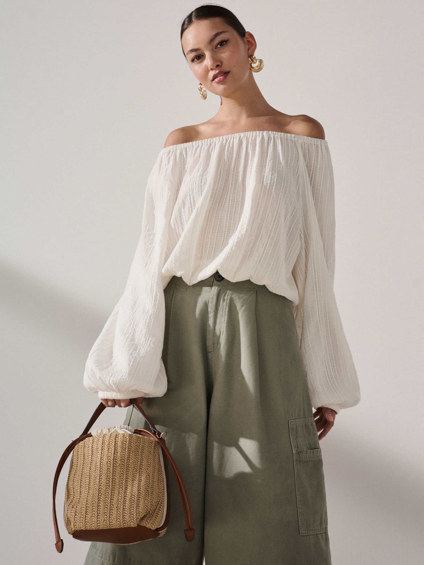 Ecru Textured Long Sleeve Bardot Blouse