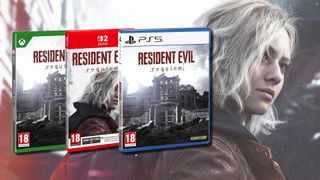 Three game boxes for Resident Evil Requiem on a background of Grace from the game