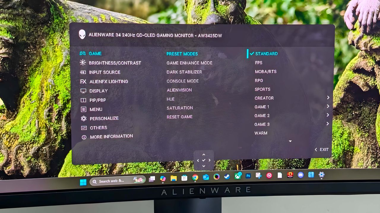 A closeup of the OSD menu on the Alienware 34" Curved QD-OLED AW3425DW Gaming Monitor.