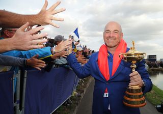 Thomas Bjorn celebrates with fans at the 2018 Ryder Cup