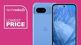 A blue Google Pixel 8a on a pink deals background