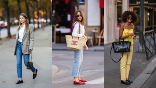 A composite of street style influencers showing how to style loafers with jeans
