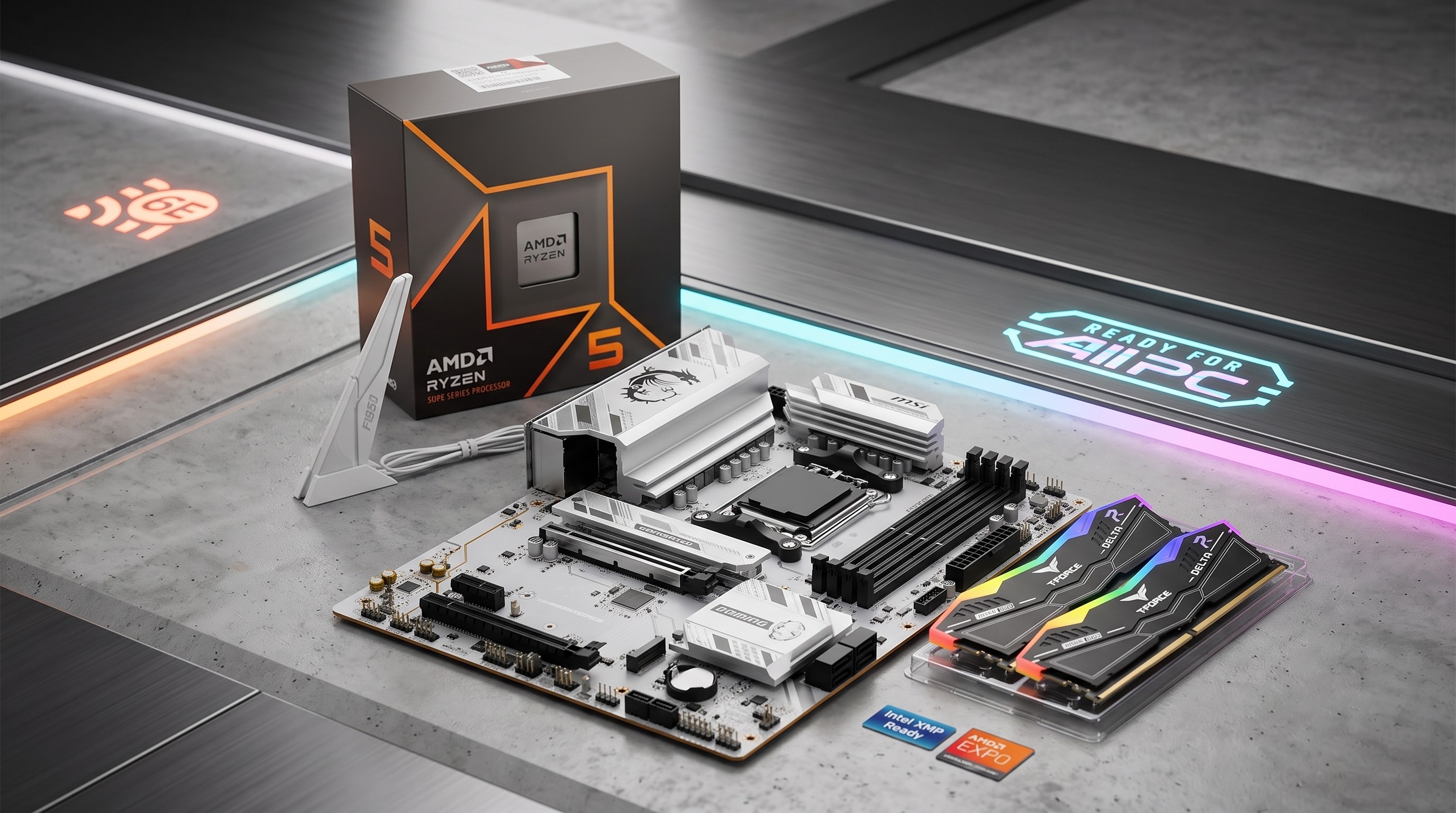 AMD Ryzen 5 processor box next to a motherboard and RAM sticks on a sleek surface with colorful lighting.